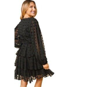 Flirty Fit Flare Dress Whimsigoth Women large Black Long Sleeve Tiered Ruffle
